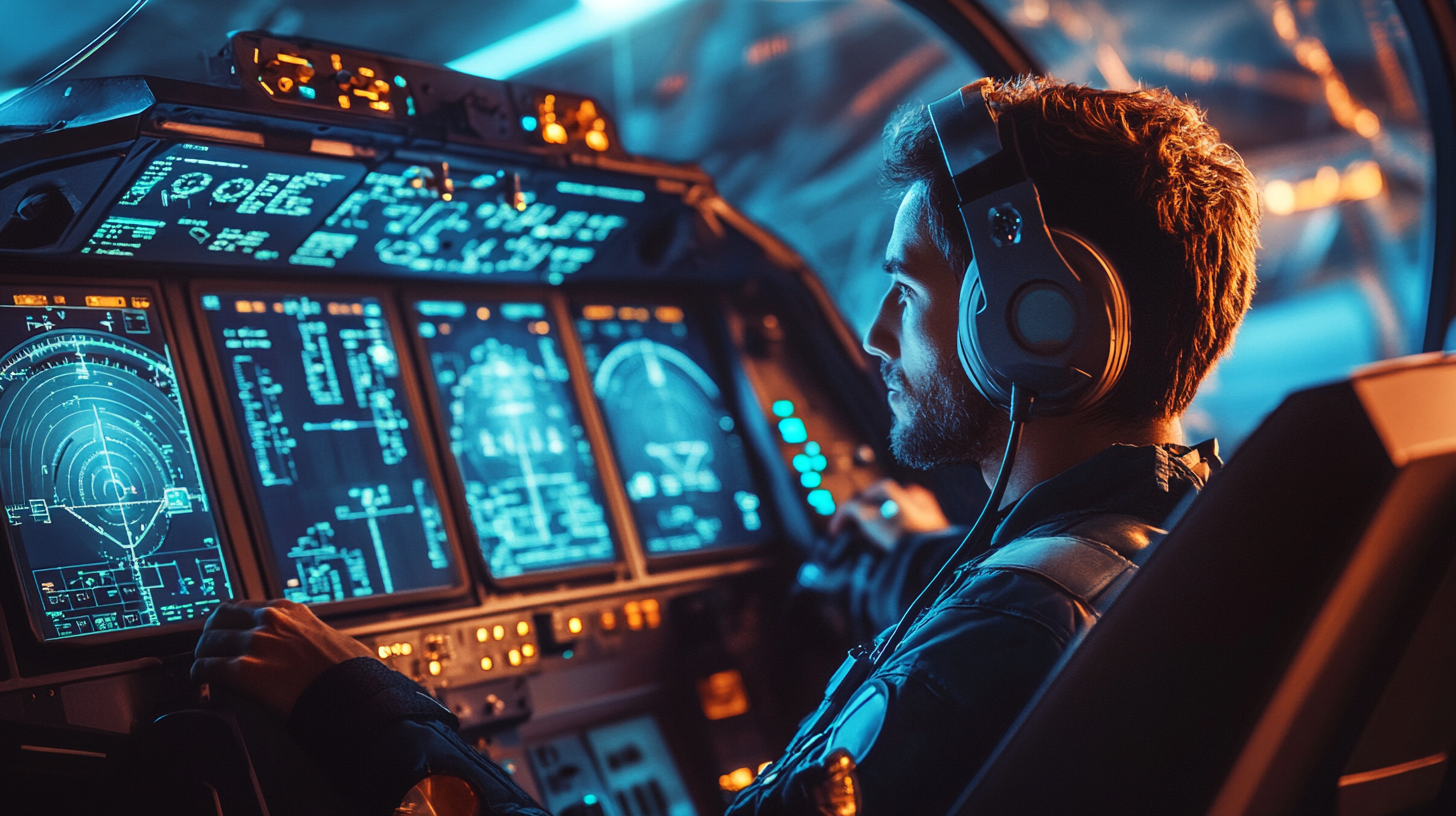 A person wearing headphones is seated in a cockpit, focused on operating the controls. The cockpit is illuminated by the blue glow of multiple digital screens displaying various flight data and radar information. The scene suggests a high-tech, futuristic environment.