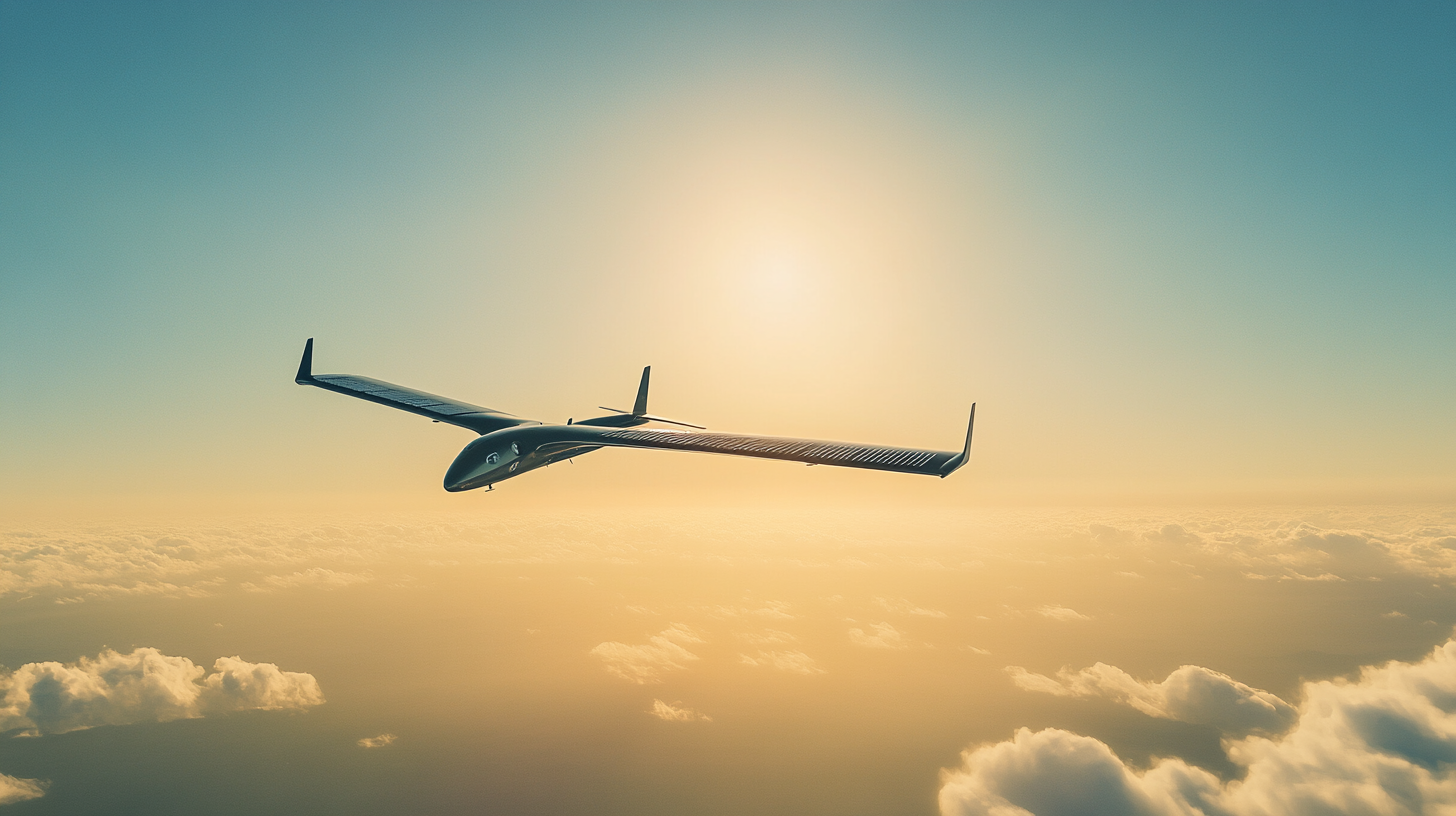 A solar-powered aircraft flying above the clouds during sunset, with the sun casting a warm glow over the scene. The aircraft has long, slender wings with solar panels.