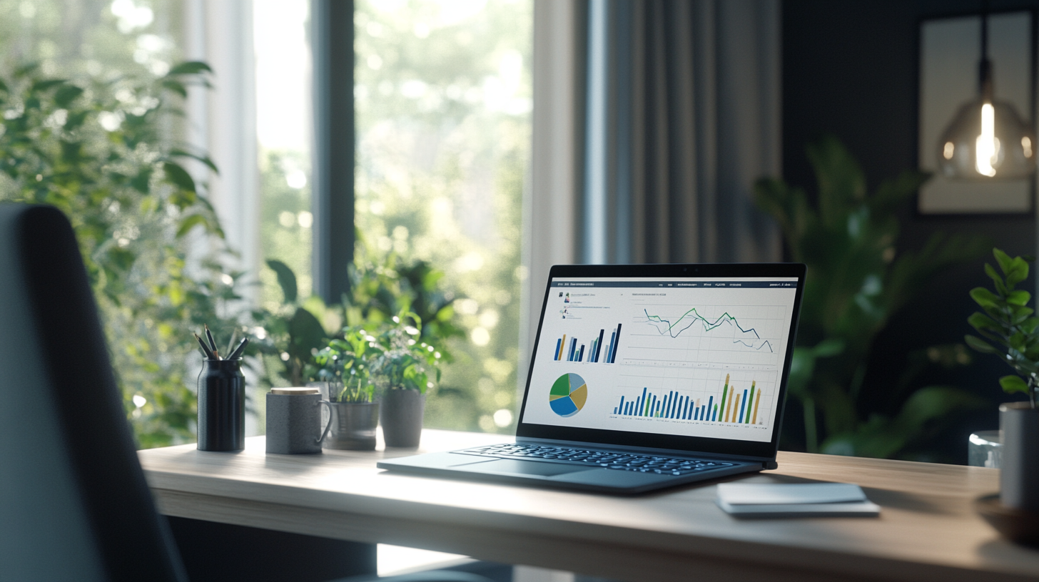 A laptop displaying graphs and charts is on a wooden desk in a bright, modern office space. The desk is surrounded by potted plants, and there is a large window in the background letting in natural light. A notebook and a pen holder are also on the desk.