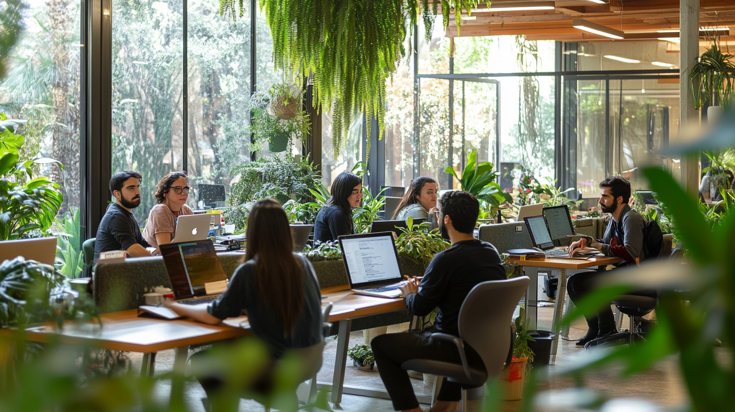 A group of people is working in a modern office space filled with lush green plants. They are seated at desks with laptops, and large windows in the background let in natural light, creating a bright and airy atmosphere. The environment appears collaborative and relaxed, with a focus on greenery and open space.