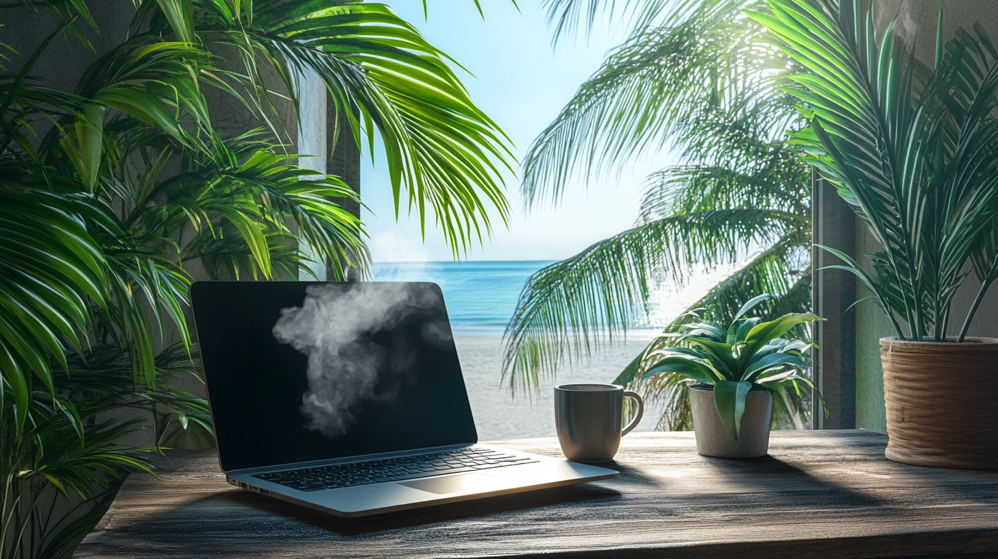 A laptop with smoke on its screen is placed on a wooden table, surrounded by potted plants. A mug is next to the laptop. In the background, there is a view of a beach with palm trees and the ocean visible through a window.