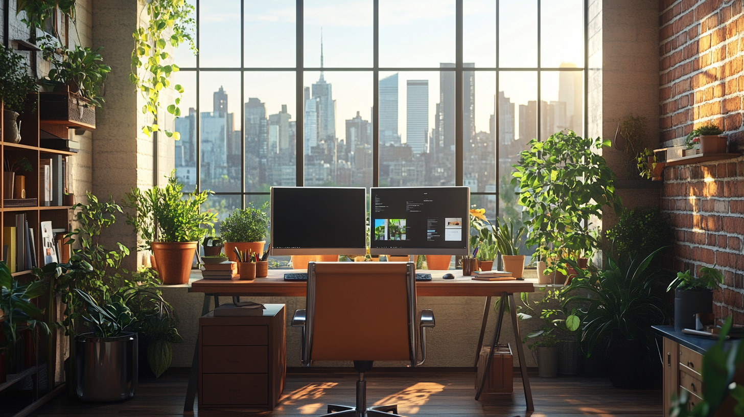 A modern home office with a large window overlooking a city skyline. The room is filled with various potted plants, creating a lush, green atmosphere. A wooden desk holds two computer monitors, a keyboard, and office supplies. Shelves on the left and right walls contain more plants and books. The space is well-lit with natural light streaming in through the window.