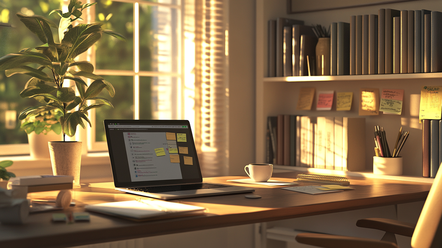 The image shows a cozy home office with a wooden desk. On the desk, there is an open laptop displaying a webpage with sticky notes on the screen. A white coffee cup sits beside the laptop. In the background, a large window lets in warm sunlight, illuminating a potted plant on the windowsill. Shelves filled with books and more sticky notes are visible, along with a container holding pens and pencils. The overall atmosphere is warm and inviting.