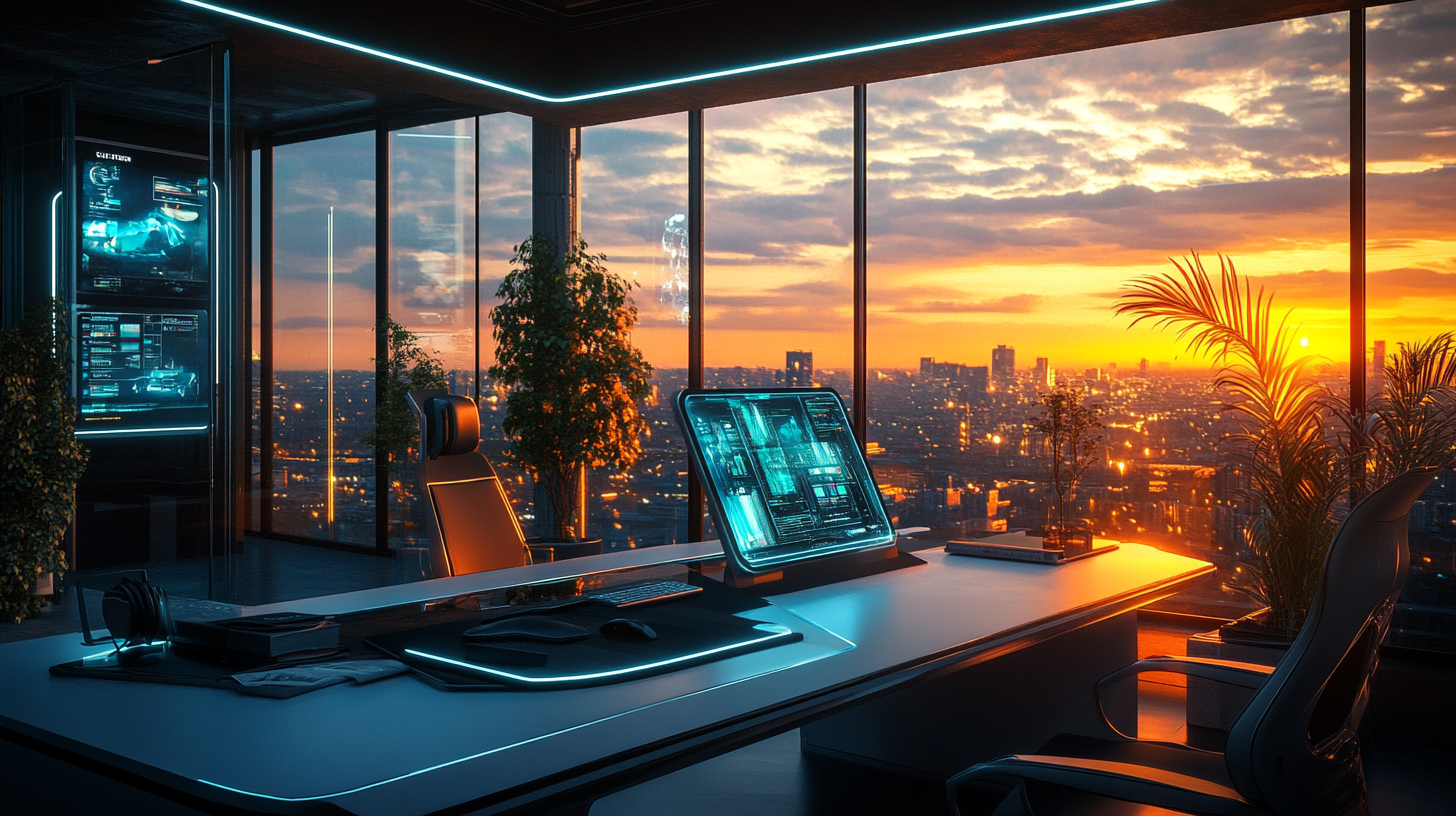 A modern office with a futuristic design, featuring a large desk with a sleek computer displaying digital interfaces. The room has floor-to-ceiling windows offering a panoramic view of a cityscape at sunset. The warm glow of the sunset illuminates the room, highlighting the plants and high-tech decor.