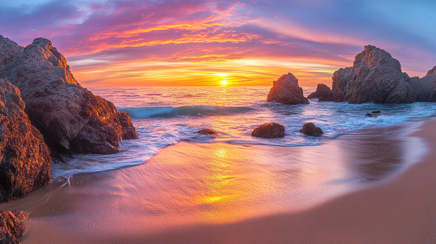 A vibrant sunset over a beach with large rocks. The sky is filled with pink, orange, and purple hues, reflecting on the wet sand and ocean waves. The sun is partially visible on the horizon, casting a warm glow over the scene.