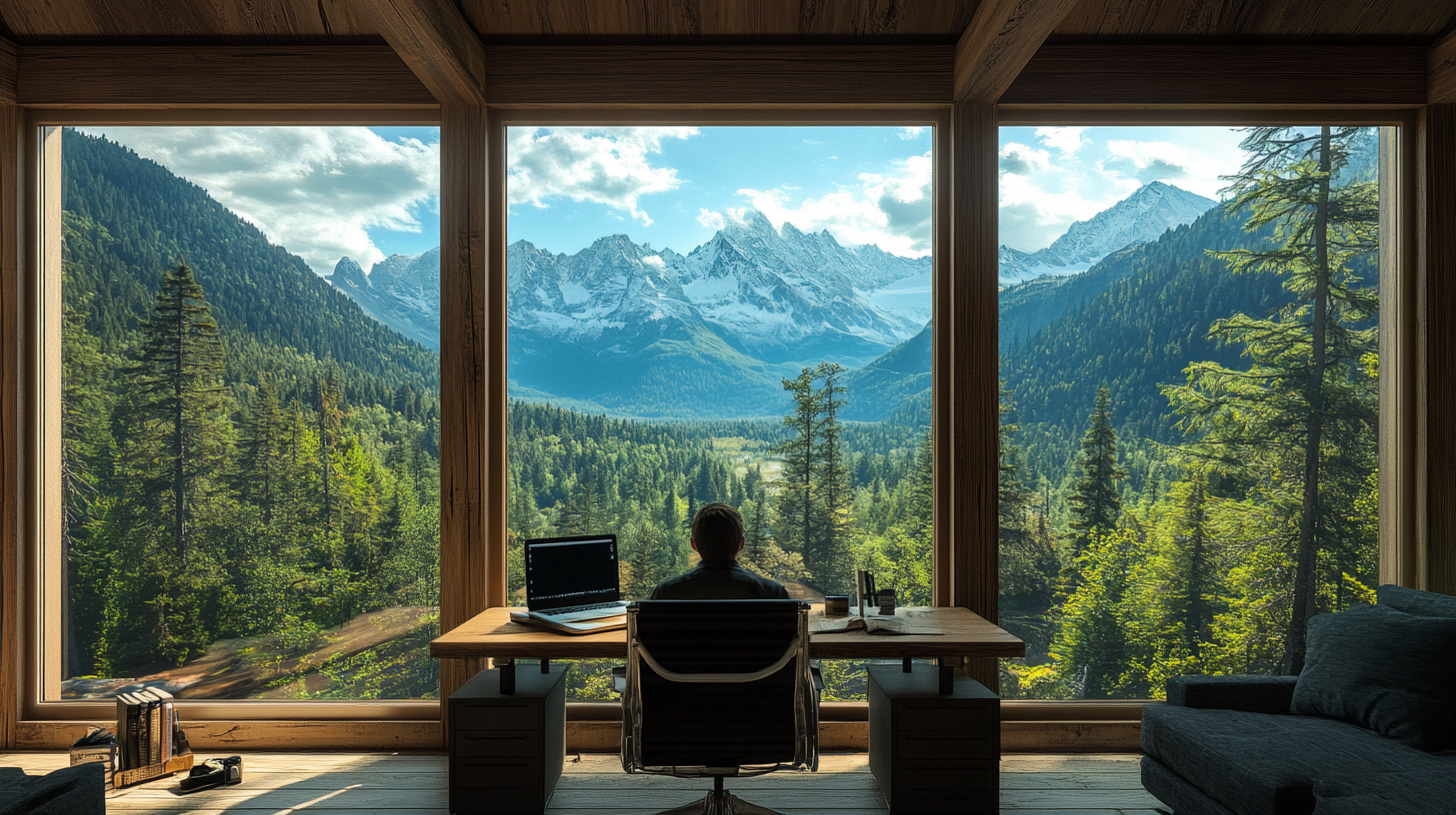 A person sits at a desk with a laptop, facing a large window that offers a stunning view of a lush forest and snow-capped mountains under a partly cloudy sky. The room has wooden interiors, and there are books and a camera on the floor.