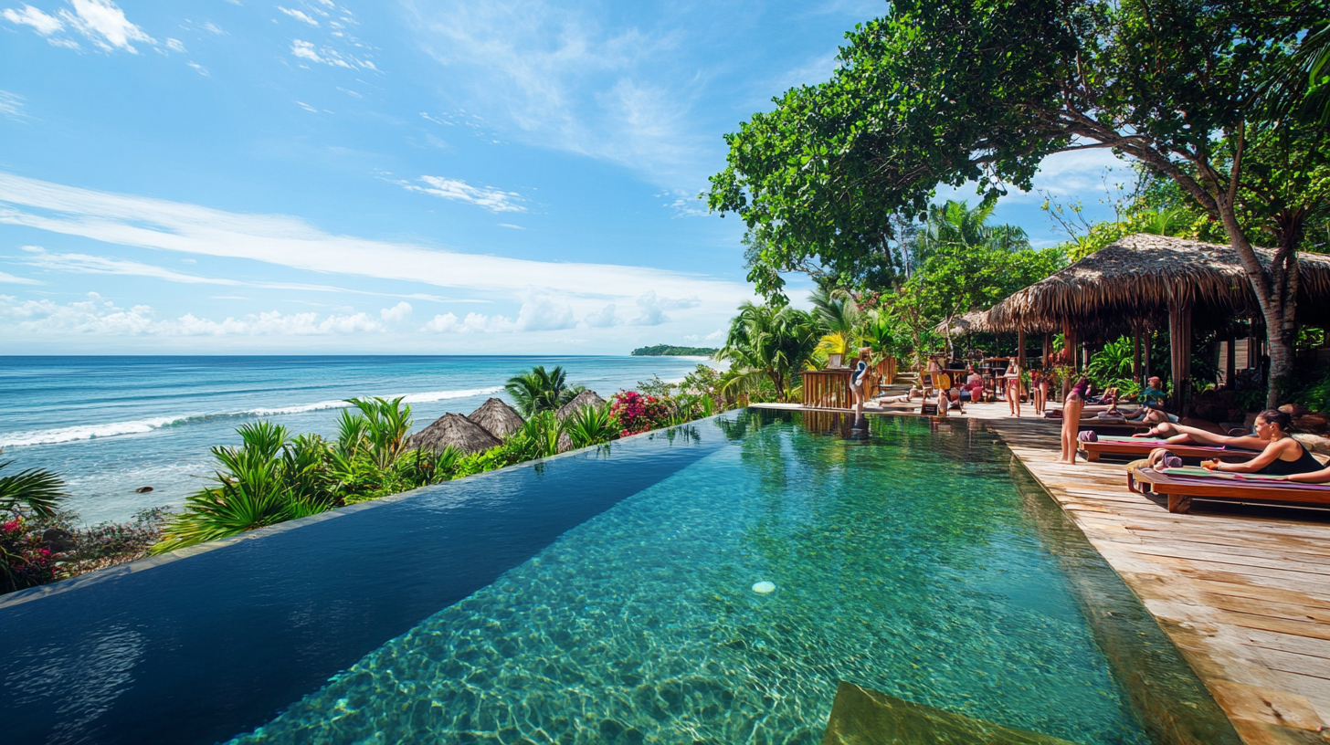 A tropical beach scene with an infinity pool overlooking the ocean. The pool is surrounded by lush greenery and palm trees. People are lounging on wooden deck chairs under thatched umbrellas, enjoying the sunny weather. The sky is clear with a few clouds, and the ocean waves are gently rolling in.