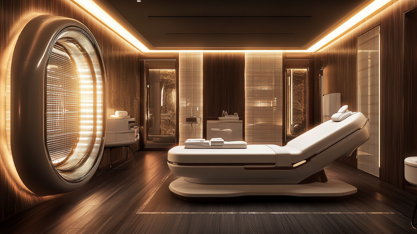 The image shows a luxurious, modern spa room with warm lighting. There is a sleek, adjustable massage table in the center, surrounded by wooden walls and flooring. A large, circular, illuminated feature is on the left wall, adding to the ambient atmosphere. The room also includes a small counter with towels and spa essentials, and a door leading to another area.