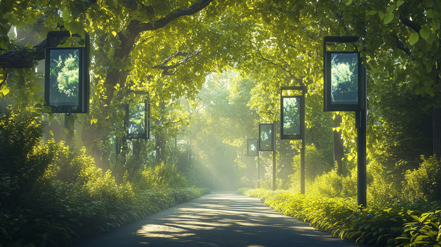 A serene forest pathway is depicted, lined with lush green trees and foliage. Sunlight filters through the leaves, creating a dappled effect on the path. Along the path, there are several digital screens mounted on poles, displaying images of the surrounding forest, blending seamlessly with the natural environment.