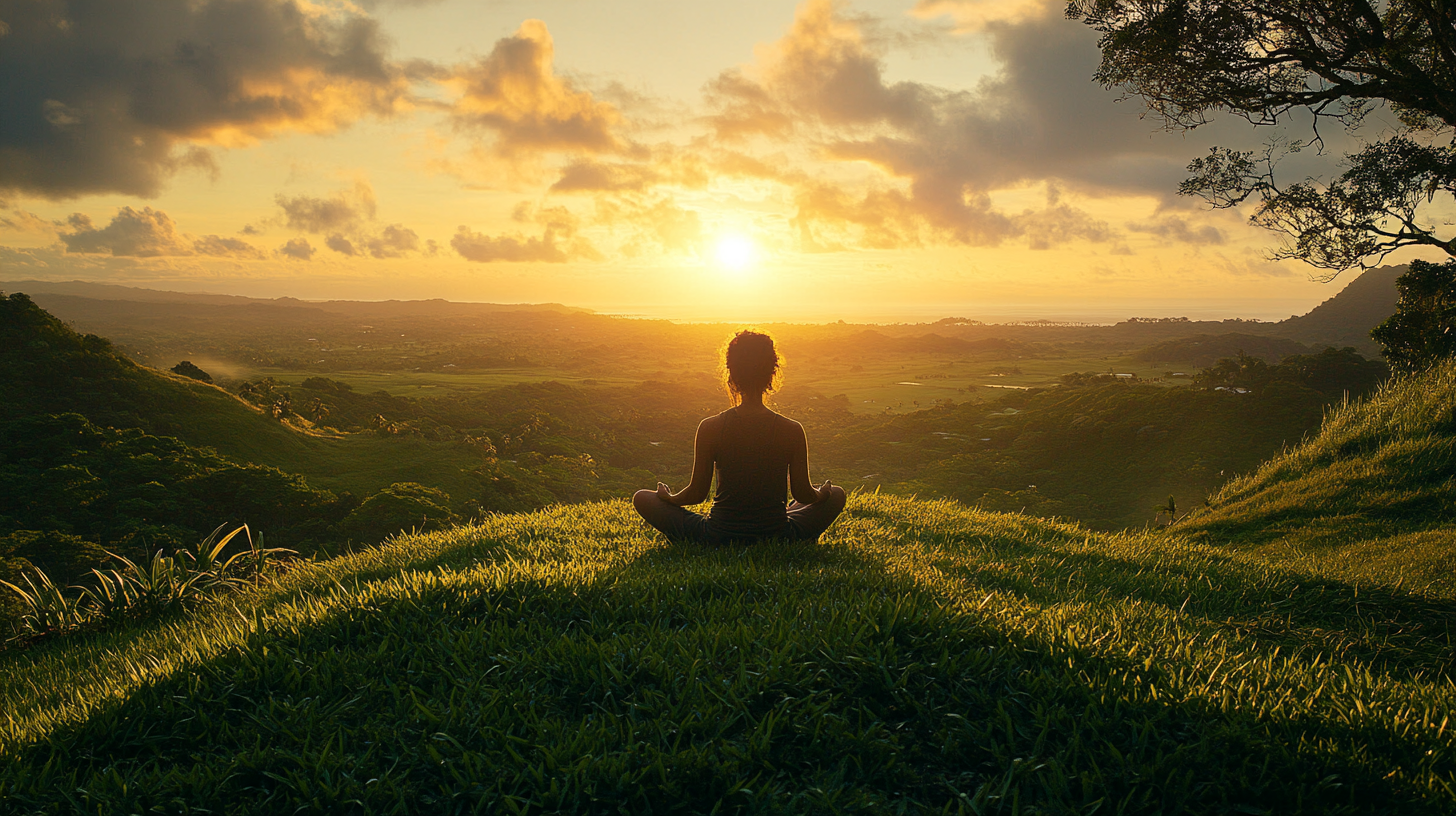 A person is sitting in a meditative pose on a grassy hill, facing a scenic view of a valley at sunset. The sky is filled with clouds, and the sun is low on the horizon, casting a warm glow over the landscape. Trees frame the scene on the right side.