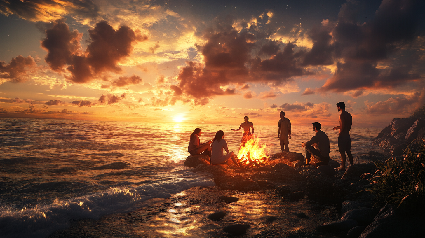 A group of people is gathered around a campfire on a rocky beach at sunset. The sky is filled with dramatic clouds, and the sun is setting over the ocean, casting a warm glow on the scene. Waves gently lap at the shore, and the silhouettes of the people are visible against the vibrant sky.