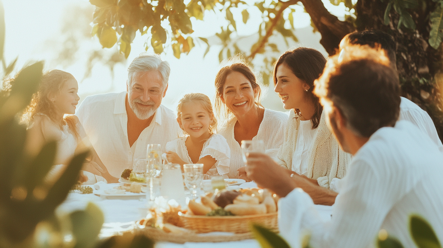 A group of people, including adults and children, are sitting around a table outdoors, enjoying a meal together. They are smiling and appear to be having a pleasant time. The table is set with food and drinks, and the scene is warmly lit by sunlight filtering through the trees.