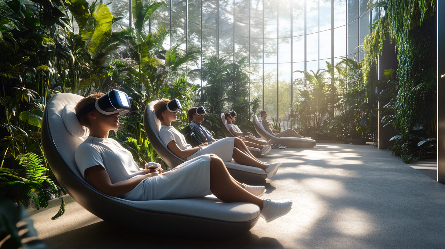 The image shows a group of people sitting in a row of modern, reclining chairs, wearing virtual reality headsets. They are in a bright, spacious room with large windows and surrounded by lush green plants, creating a serene and futuristic atmosphere. Sunlight filters through the windows, casting soft shadows on the floor.