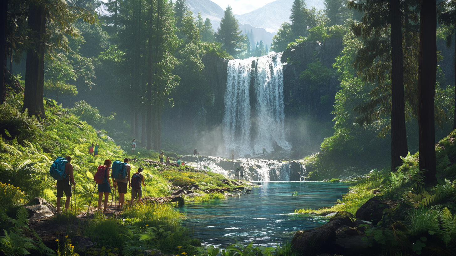 A group of hikers with backpacks and walking sticks are trekking through a lush forest. They are approaching a large waterfall cascading into a clear blue pool. The scene is surrounded by tall trees and vibrant green foliage, with sunlight filtering through the leaves, creating a serene and picturesque landscape.