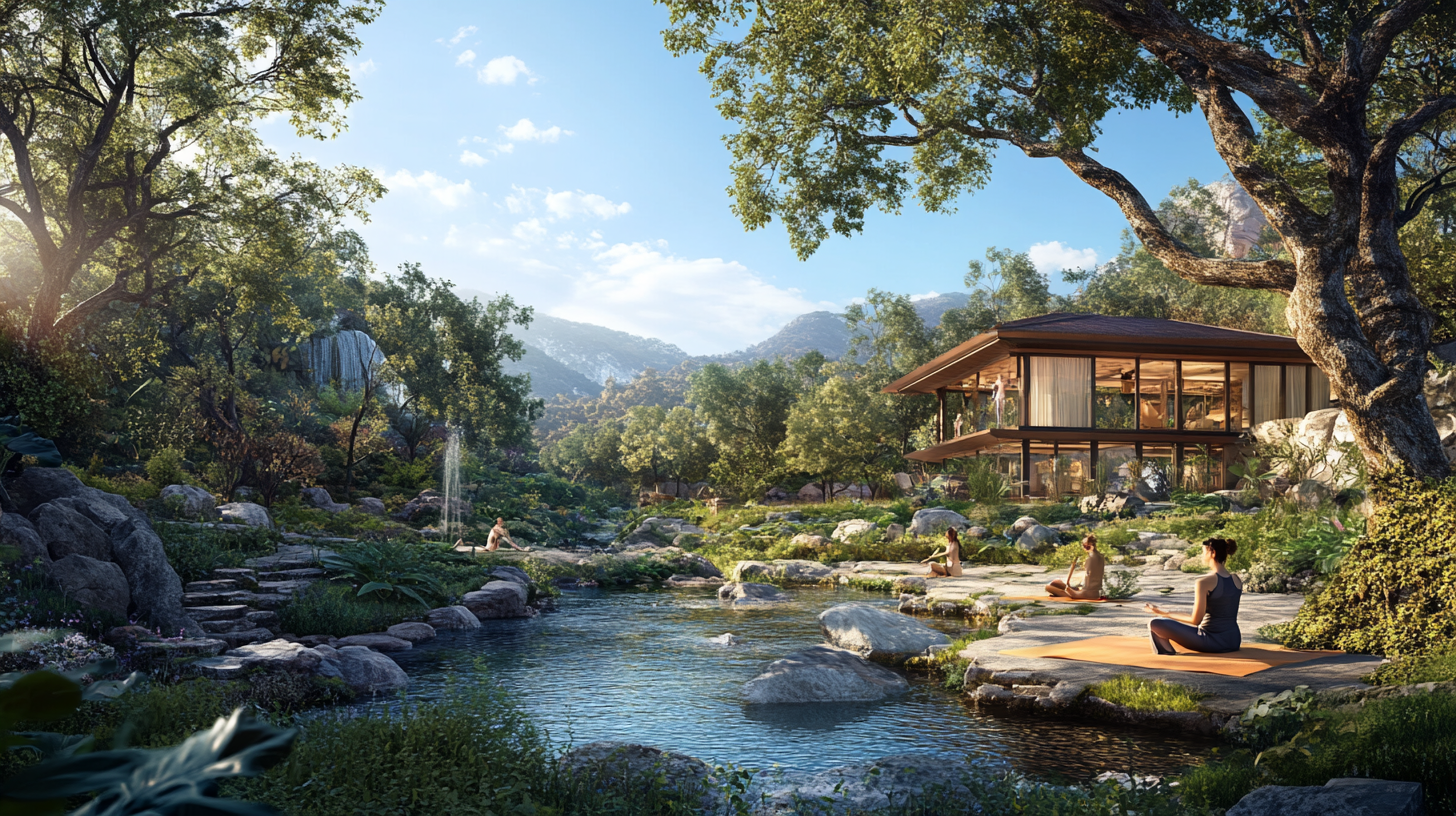 A serene natural setting with a modern glass house surrounded by lush greenery and trees. In the foreground, a small pond with rocks and a stone path leads to the house. Several people are practicing yoga on mats near the water. The background features mountains under a clear blue sky with scattered clouds.