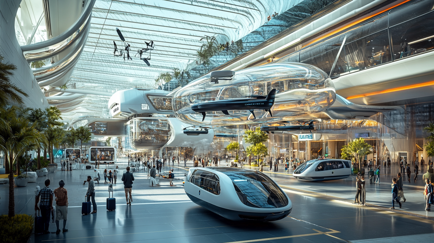 The image depicts a futuristic transportation hub with sleek, modern architecture. It features advanced, streamlined vehicles, both on the ground and suspended in the air. The interior is spacious with a high, transparent ceiling allowing natural light to flood the area. People are walking around, some with luggage, suggesting a busy, bustling environment. The scene is enhanced with greenery, including trees and plants, adding a touch of nature to the high-tech setting.