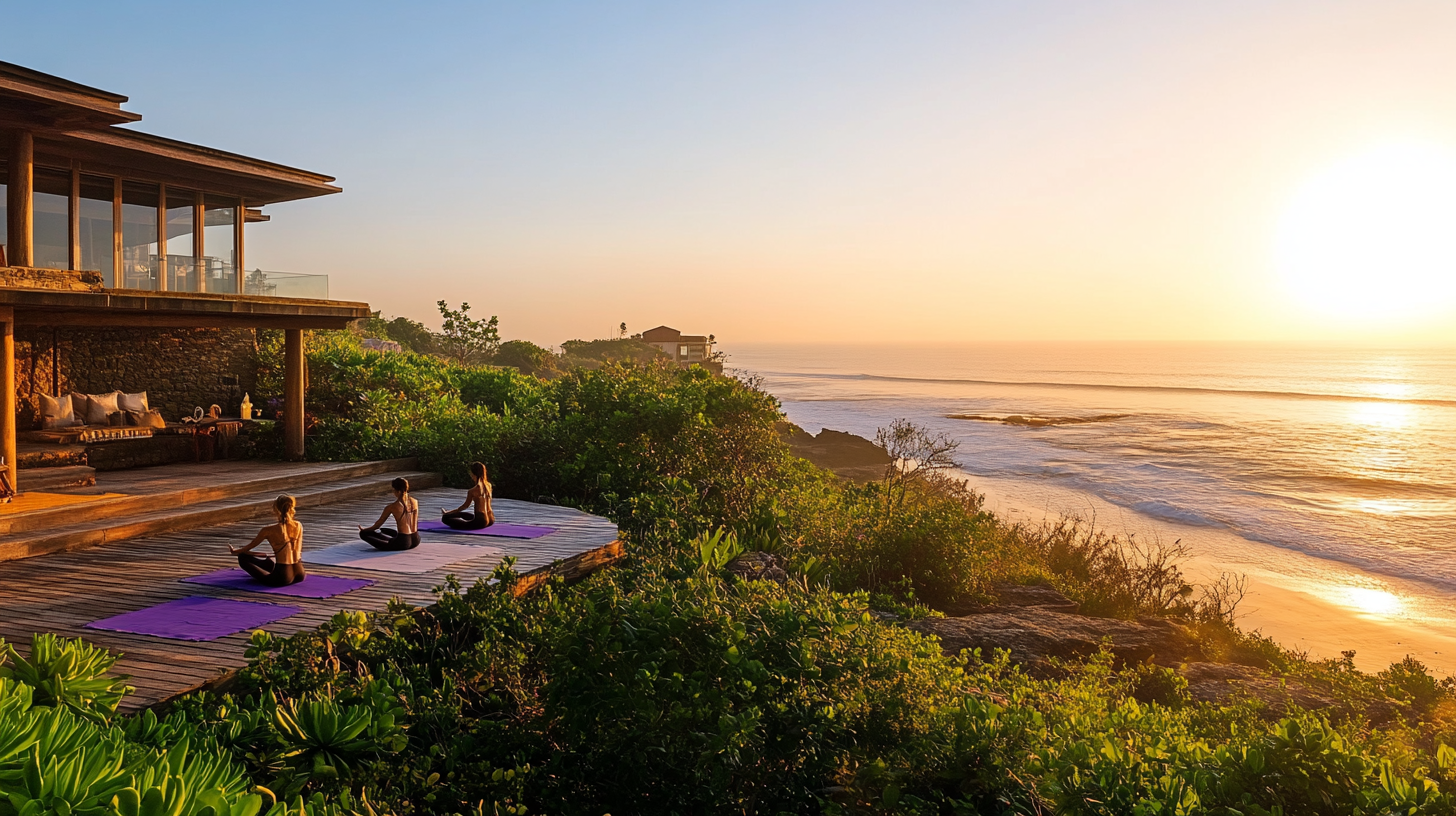 The image shows three people practicing yoga on a wooden deck overlooking the ocean at sunrise or sunset. The deck is attached to a modern house with large windows and a stone exterior. Lush greenery surrounds the area, and the sun is low on the horizon, casting a warm glow over the scene.