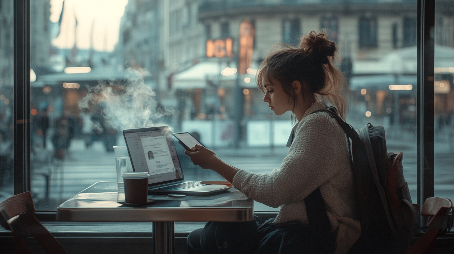 A person is sitting at a table in a cafe, using a laptop and holding a smartphone. There is a steaming cup of coffee on the table. The person is wearing a sweater and has a backpack. The cafe has large windows, and the street outside is visible, showing a blurred cityscape with people and buildings.