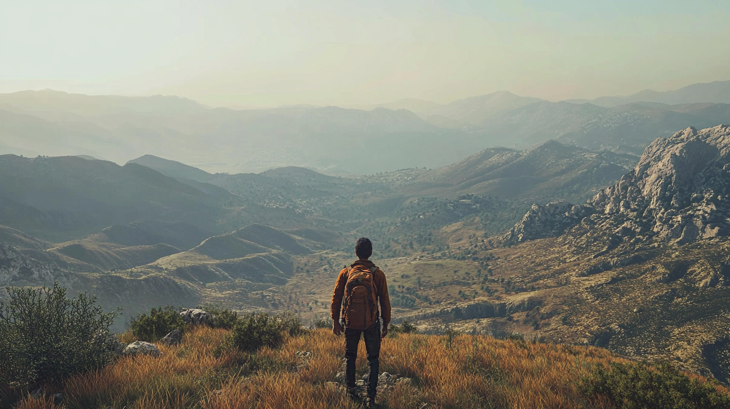 A person with a backpack stands on a grassy hill, overlooking a vast landscape of rolling hills and mountains under a clear sky. The scene conveys a sense of adventure and exploration.