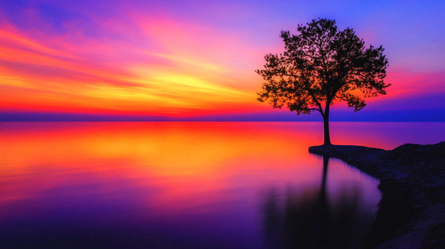 A solitary tree stands on a small peninsula, silhouetted against a vibrant sunset. The sky is filled with a gradient of colors, including purple, pink, orange, and yellow, which are reflected in the calm water below.