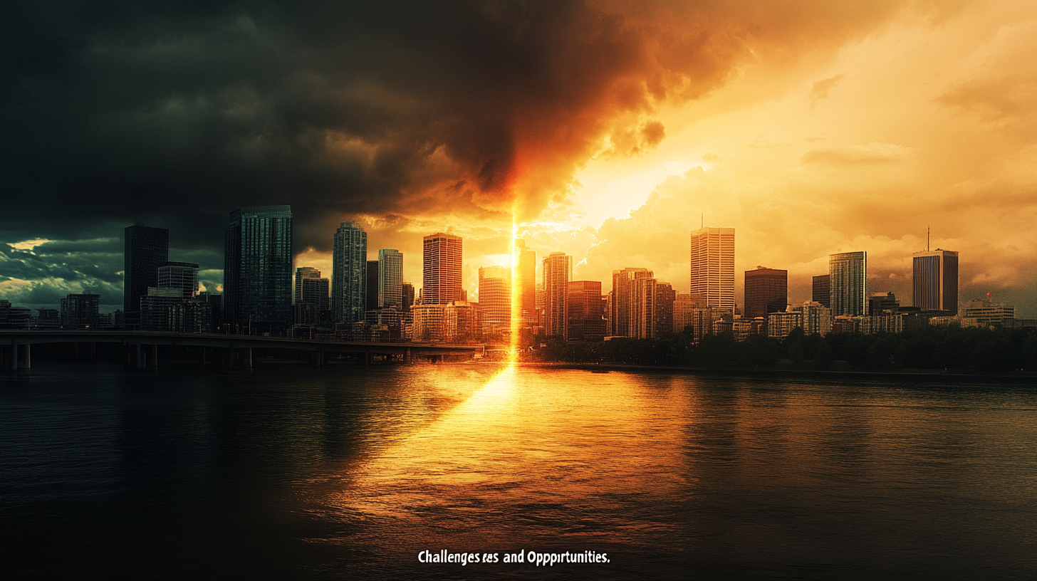 A city skyline at sunset with dramatic clouds and a bright beam of light cutting through the sky, reflecting on the water below. The scene is divided between dark stormy clouds on the left and a bright, golden sky on the right. Text at the bottom reads, "Challenges and Opportunities."