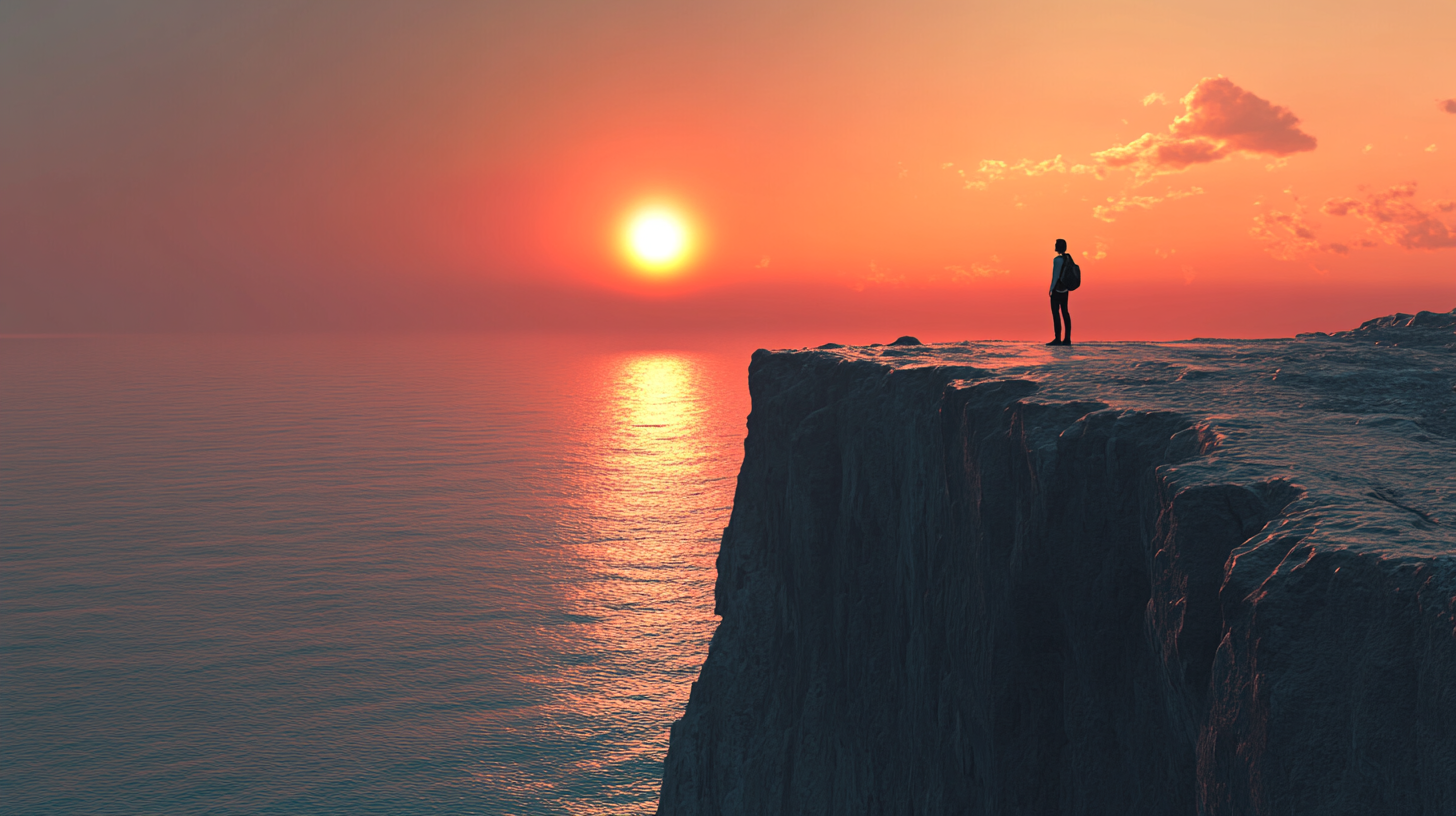 A person stands on the edge of a cliff overlooking a vast ocean during a vibrant sunset. The sky is filled with warm hues of orange and pink, and the sun is low on the horizon, casting a reflection on the water. The scene conveys a sense of solitude and contemplation.