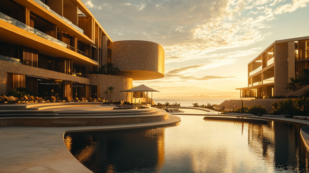 a pool of water next to a building