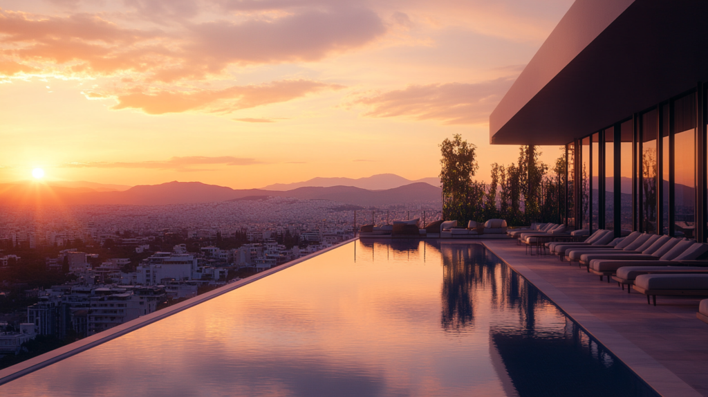 a pool with a view of a city and mountains in the background