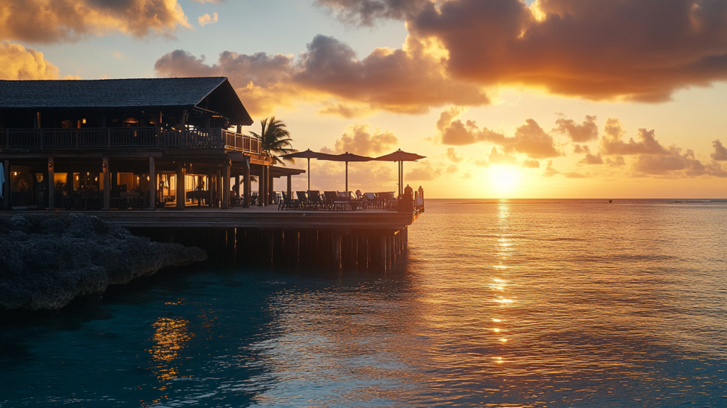 a building on a dock with a sunset in the background