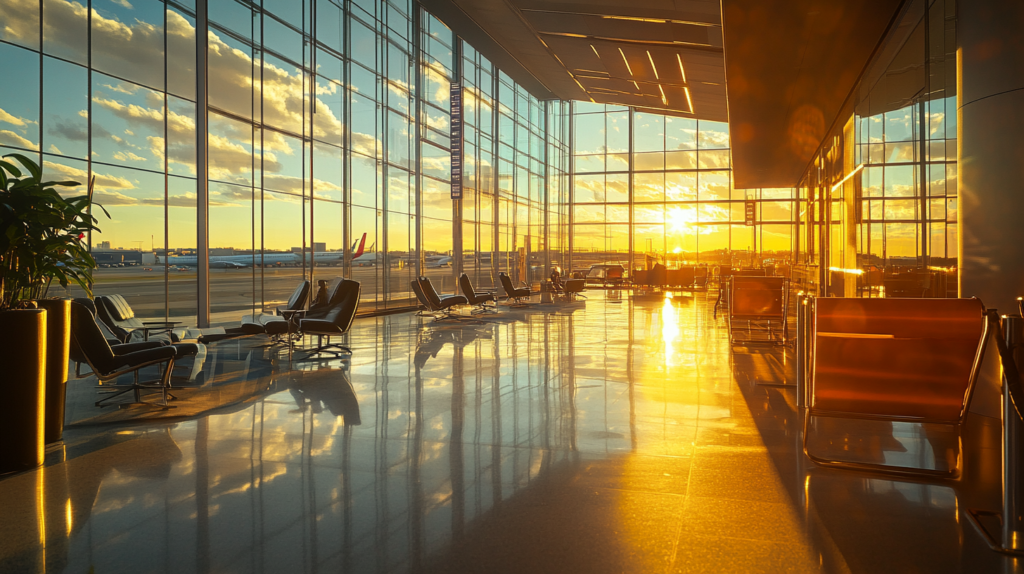 a large glass building with chairs and a plane in the background