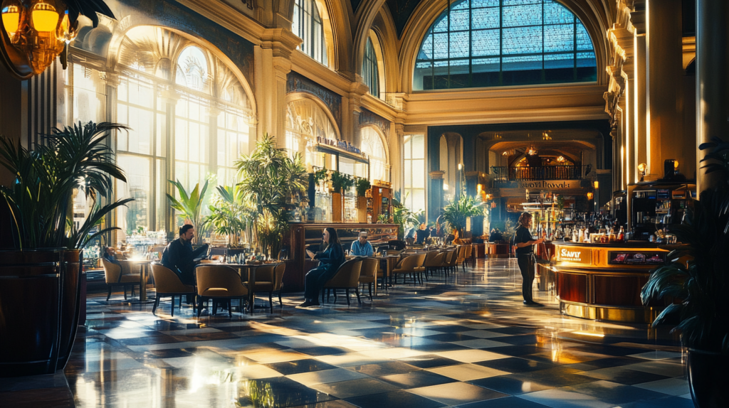 a large building with tables and chairs