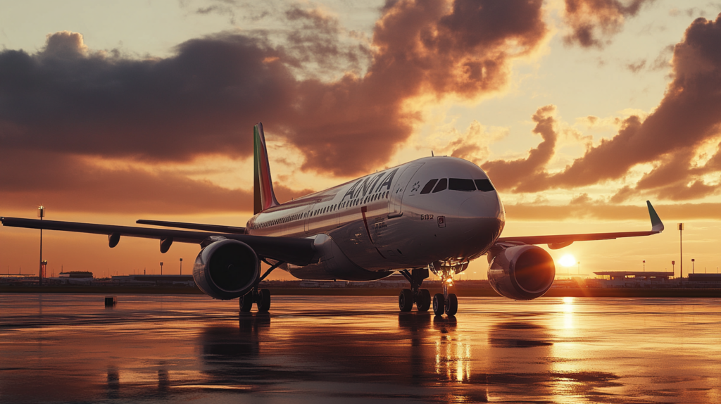 a plane on the runway at sunset
