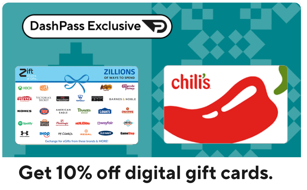 Save 10% on many gift card brands in the DoorDash app or website (DashPass required)