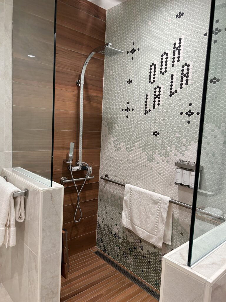 a shower with a glass door