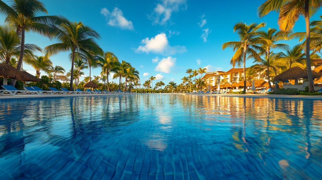 a pool with palm trees and a building