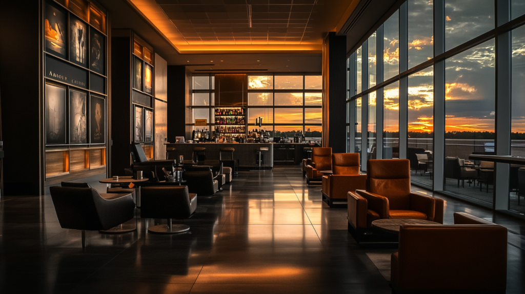 a room with chairs and a bar