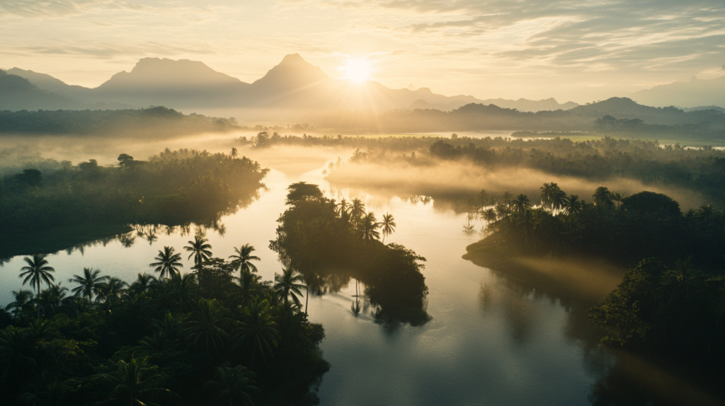 a river with trees and mountains in the background