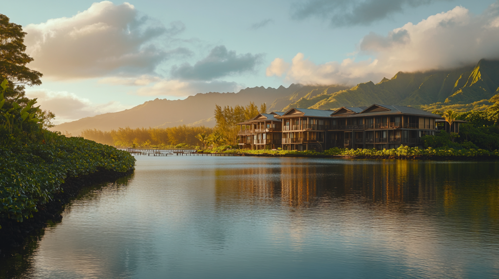 a building next to a body of water