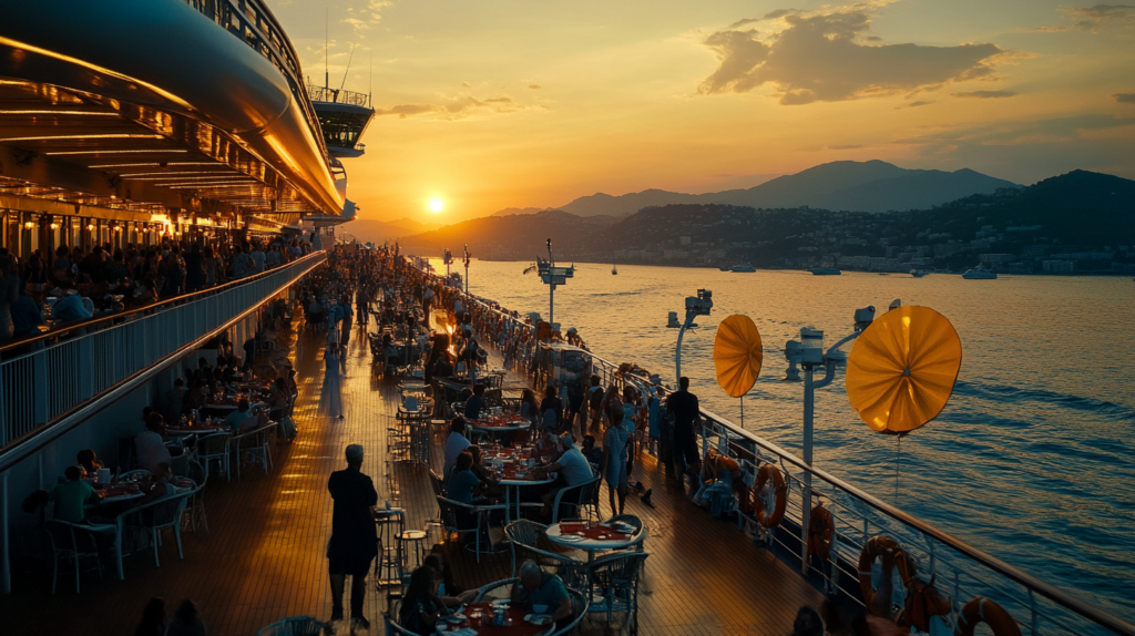 a group of people on a deck of a cruise ship