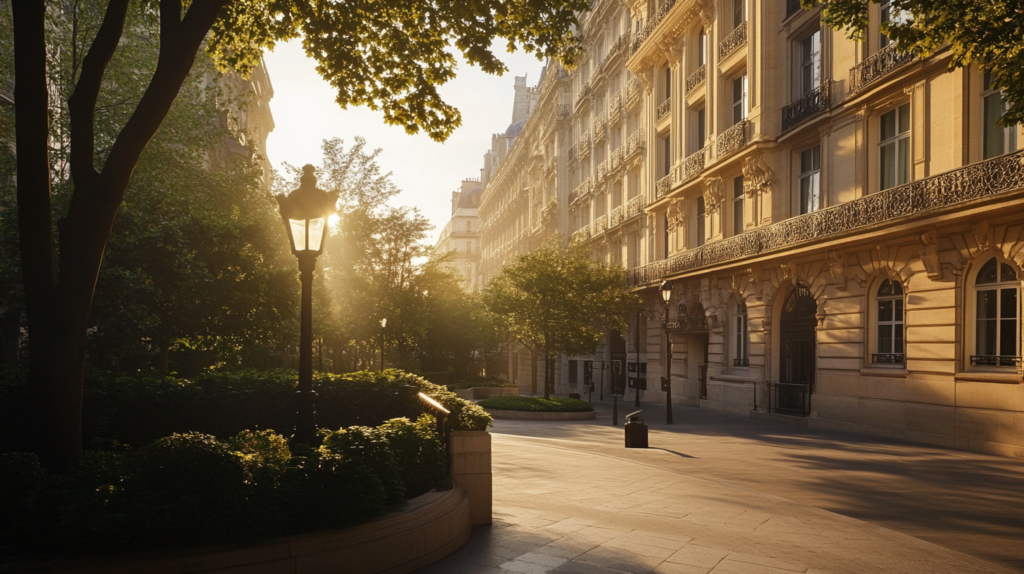 a street with trees and a lamp post in front of a building