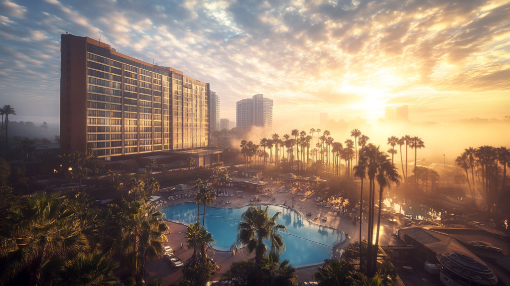 a pool with palm trees and buildings in the background