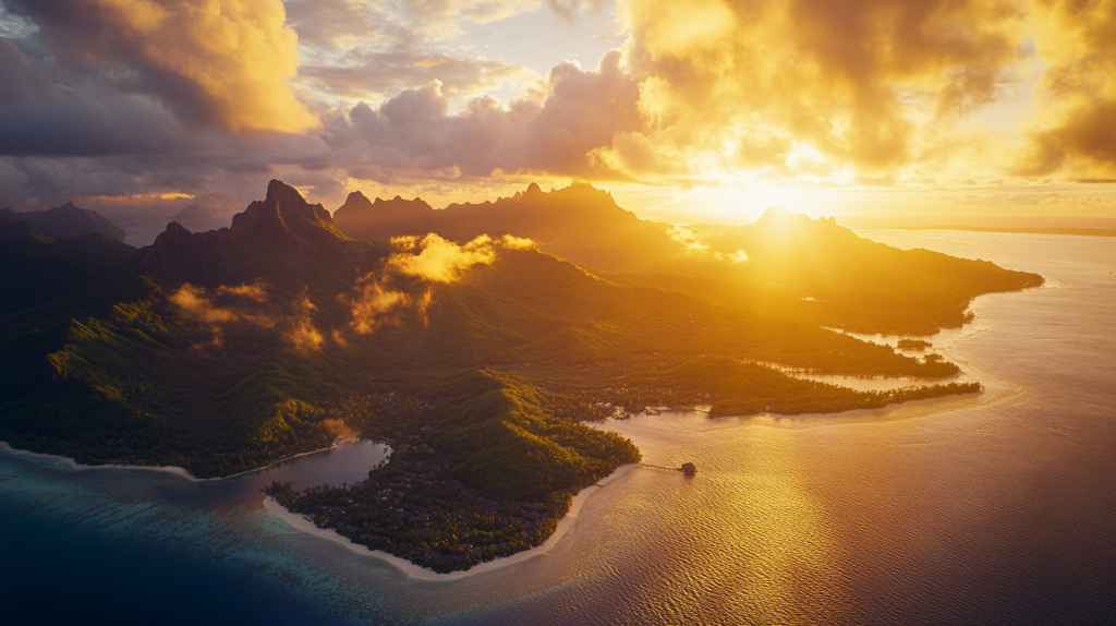 an aerial view of a body of water with mountains and a small island