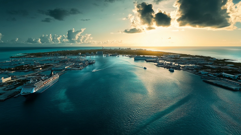 a large body of water with ships and buildings in the background