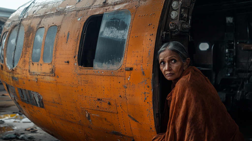 a woman leaning out of an orange plane