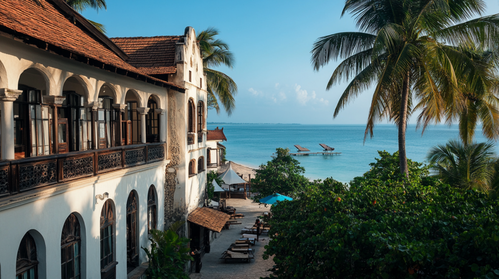 a beach with palm trees and a building