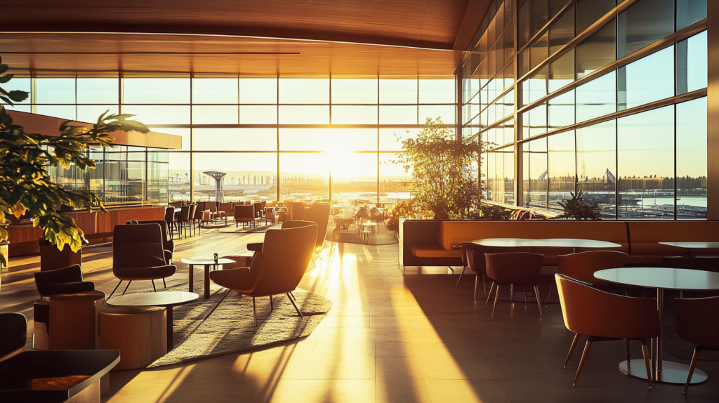 a room with tables and chairs in a large building with windows