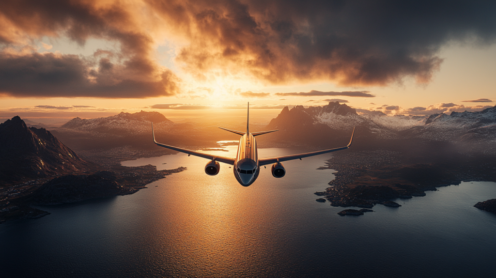 an airplane flying over water with mountains and clouds