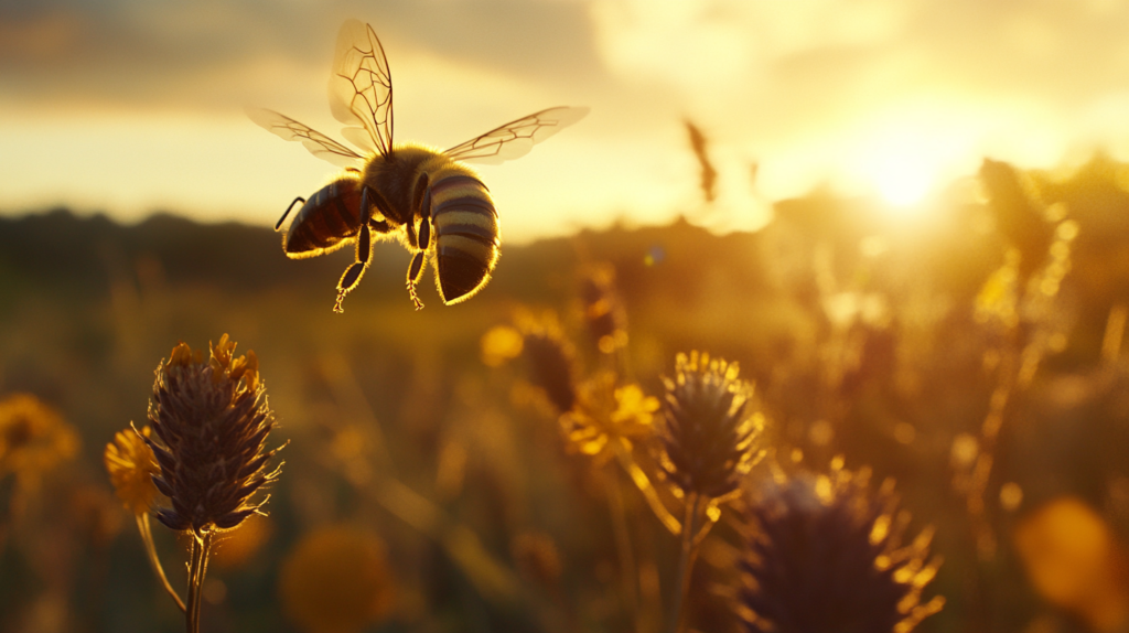 a bee flying in the air