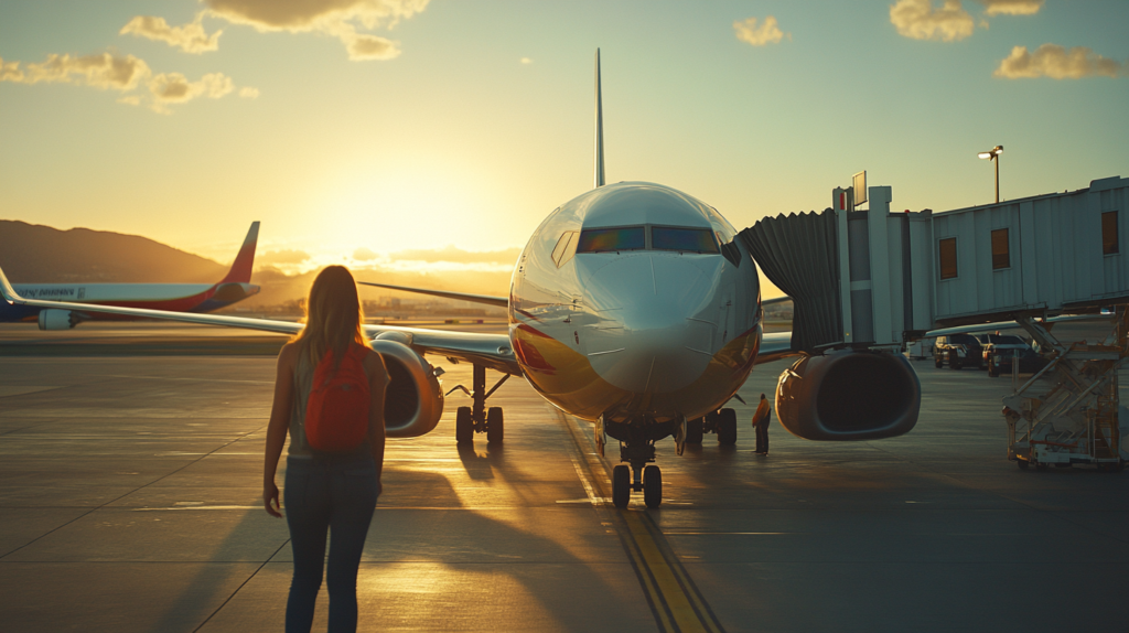 a woman walking towards an airplane