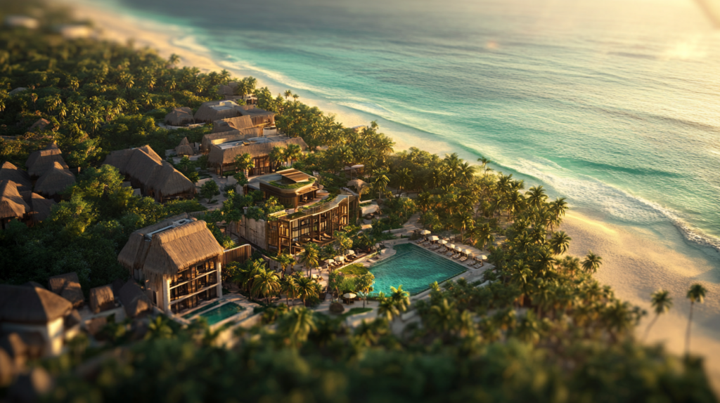 a resort with a pool and palm trees